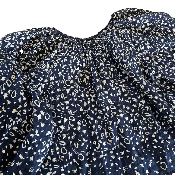 The GREAT. Perch Cotton Peasant Prairie Blouse Navy Cream Balloon Sleeve Boho - Picture 6 of 11